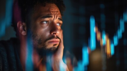Student loan financial stress. A pensive man gazes at fluctuating data, reflecting on challenges and decisions.