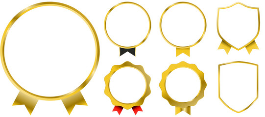 Luxury gold shield badges with shiny ribbon banners, laurel branches, royal crown and star seal motifs. Premium vector collection for certification design, high-quality branding, exclusive promotions 