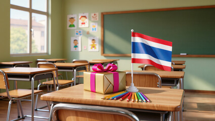 Small Thai flag and colorful present on school desk for Children&rsquo;s Day