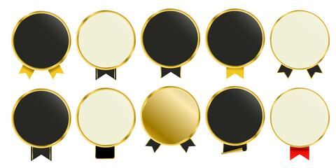 Golden luxury emblem collection with premium quality stamp, glossy medal shapes, laurel wreath, ribbon banners and crown. Vector award seal set for top rated product labels, elegant packaging, certifi