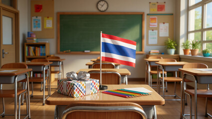 Thailand flag standing beside wrapped gift in decorated classroom