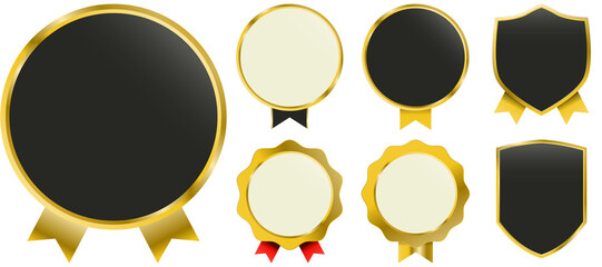 Premium gold label badges with elegant ribbons, round seals, crown icons and shiny metallic highlights. High-quality vector set for luxury certificates, award stickers, VIP membership branding and exc