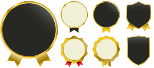 Premium gold label badges with elegant ribbons, round seals, crown icons and shiny metallic highlights. High-quality vector set for luxury certificates, award stickers, VIP membership branding and exc