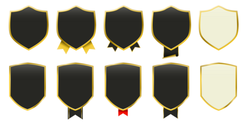 Elegant premium gold badge collection with shiny metallic finish, luxury laurel wreath, ribbon banners and crown emblem. Vector award seals for best product, VIP quality certificate labels, premium br