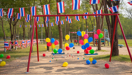 Festive outdoor playground with colorful decorations and national flags in Thailand