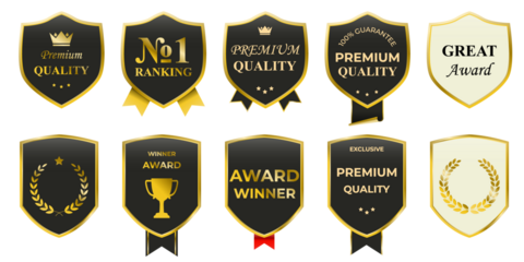 Elegant premium gold badge collection with shiny metallic finish, luxury laurel wreath, ribbon banners and crown emblem. Vector award seals for best product, VIP quality certificate labels, premium br