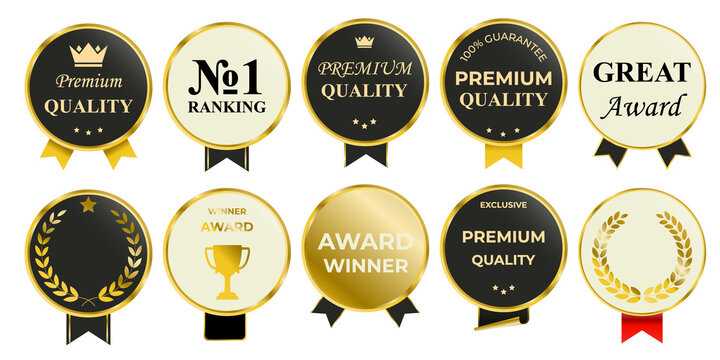 Premium gold frames and award seals featuring embossed effects, curved ribbons and laurel wreaths. Vector label collection for luxury product packaging, VIP membership, elegant certificate borders and