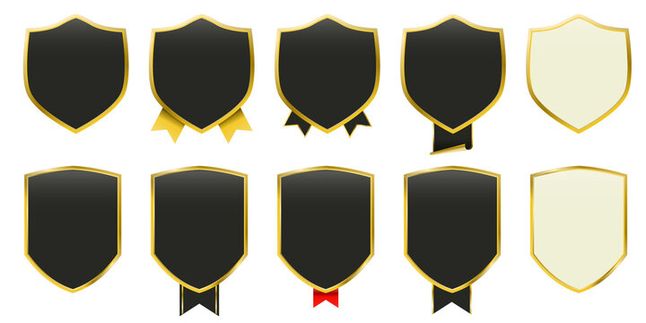 Elegant premium gold badge collection with shiny metallic finish, luxury laurel wreath, ribbon banners and crown emblem. Vector award seals for best product, VIP quality certificate labels, premium br