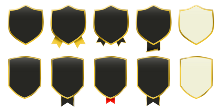 Elegant premium gold badge collection with shiny metallic finish, luxury laurel wreath, ribbon banners and crown emblem. Vector award seals for best product, VIP quality certificate labels, premium br