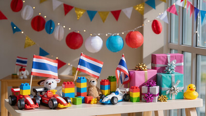Thailand flag and birthday-style presents arranged in school interior