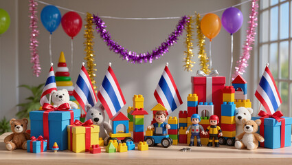 Children&rsquo;s Day celebration concept with Thai flag and festive presents