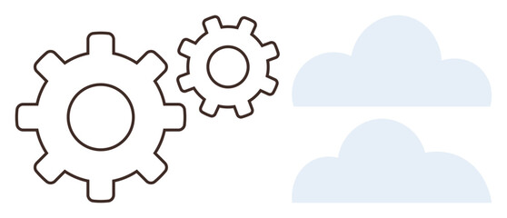 Two interlocking gears beside two cloud icons, symbolizing teamwork, innovation, and cloud computing. Ideal for technology, collaboration, development, engineering, processing connectivity simple