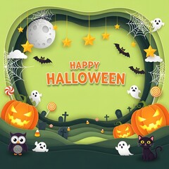 Halloween Night Scene with Pumpkins, Moon, and Ghosts Illustration