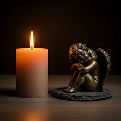 Warm glow of a lit candle illuminating a peaceful bronze cherub statue, symbolizing remembrance, solace, and spiritual comfort in a serene setting