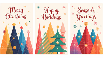 Festive collection of three christmas greeting cards featuring colorful abstract trees and holiday wishes like merry christmas and happy holidays