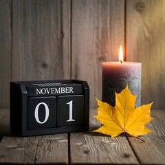 November 1st Remembrance Candlelight, Autumn Leaf, and Wooden Backdrop