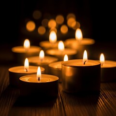 A close-up of many lit tealight candles glowing in the dark, creating a warm and peaceful ambiance with a beautiful bokeh background