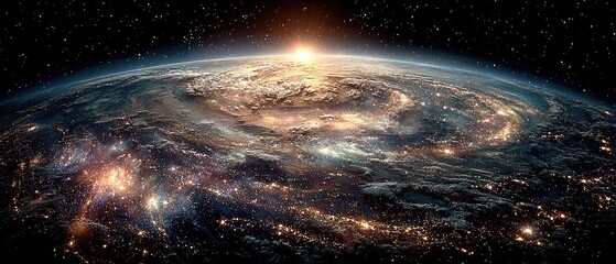 Earth at night with city lights, horizon and stars. Use it to show globalization, technology, or space concepts.