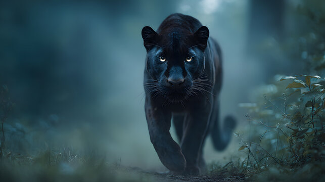 Ultra realistic photograph of a black panther walking in fog with blue tones