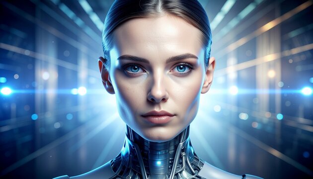 Stunning futuristic cyborg woman with piercing blue eyes, advanced AI concept - Powered by Adobe