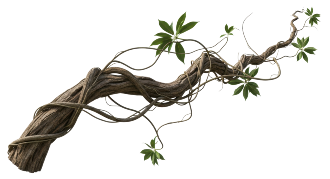 Twisted wild liana jungle vine isolated. Tropical jungle vine or curved liana branch. PNG Clean