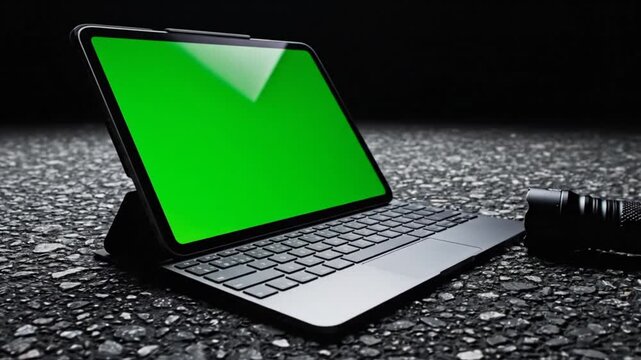 A tablet with a green screen and keyboard case next to a camera lens on a dark, textured surface.