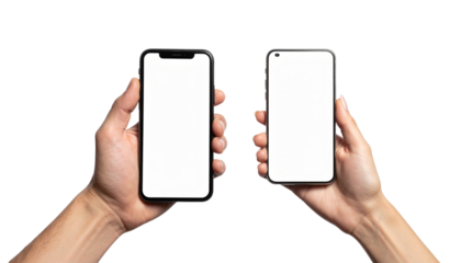  Pair of phone mockups in hands showing empty display, isolated on transparent background