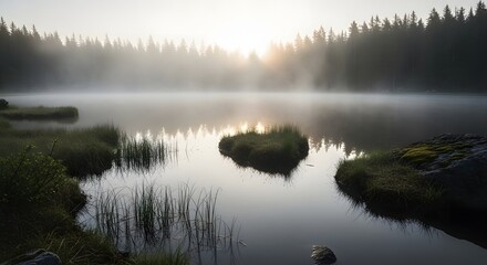 Fototapeta premium Misty Morning Lake Sunrise.