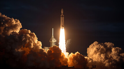 A powerful rocket launches into a dark sky, surrounded by smoke and fire, with its bright engines illuminating the moment of liftoff.