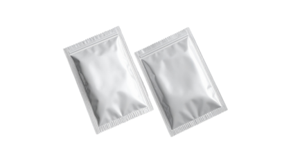  Pair of product packaging foil sachets with crimped edges, isolated on transparent background