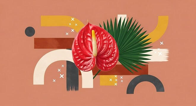 Vibrant Anthurium Flower with Abstract Geometric Shapes and Palm Leaf. - Powered by Adobe