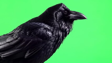 A detailed image of a black bird in front of a solid green background - Powered by Adobe