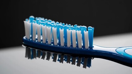 Water droplets on a blue toothbrush ready for morning routine and oral hygiene practice