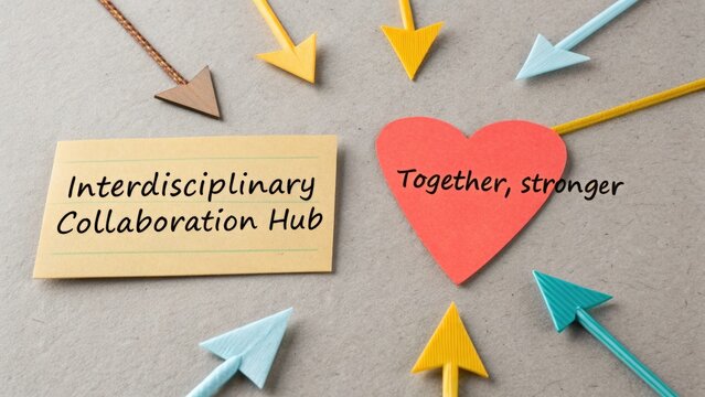 Heart shape with arrows indicating collaborative support - Powered by Adobe