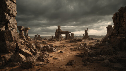 Abandoned destroyed city in apocalyptic wasteland concept. Dramatic landscape of ancient ruins beneath a stormy sky.
