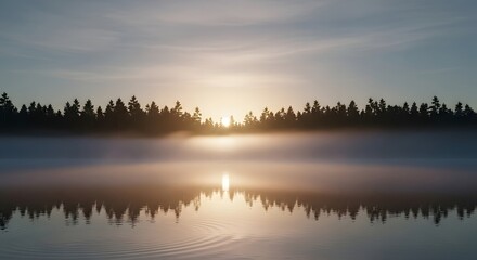 Fototapeta premium Misty Sunrise Over a Serene Lake with Forest Silhouette.