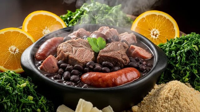Traditional Brazilian Feijoada with Beef Sausage and Black Beans Steaming in Clay Pot Served with Orange Slices and Kale for Latin American Cuisine

