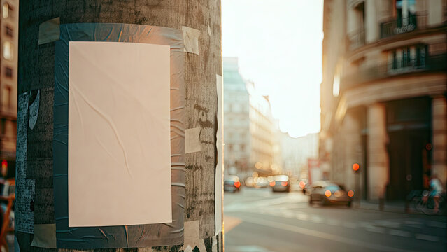 Missing poster template stuck on street wall concept. Urban scene featuring a blank poster on a street column.