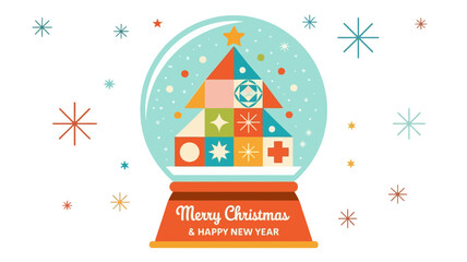 Whimsical mid century modern style snow globe featuring a colorful geometric christmas tree and falling snowflakes