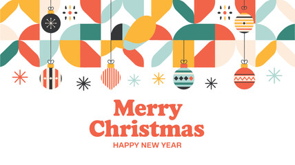 Retro mid century modern christmas decorations and festive geometric pattern with merry christmas greeting