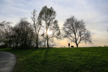 Silhouettes Walking on Idyllic Country Road Near Danube Lake at Beautiful Regensburg Sunset