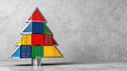 Creative Christmas tree made of shipping containers on gray background, international freight transportation, customs and logistics concepts