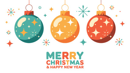 Three colorful vintage style christmas ornaments with sparkling star patterns and festive greetings for the holiday season
