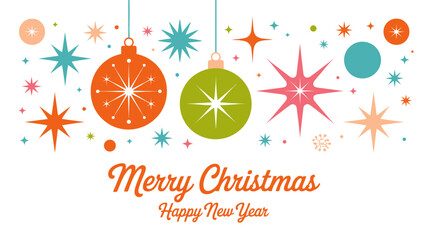Retro mid century modern christmas ornaments and starbursts with merry christmas and happy new year text