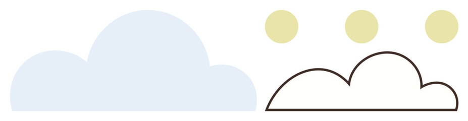 Large blue cloud with neighboring outlined cloud and three yellow circles representing the sun. Ideal for weather, climate, environment, atmosphere, data, balance, and sustainability in a simple flat