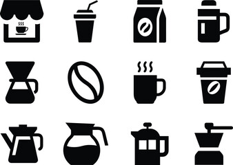 Bold coffee set icon silhouette vector. Simple design perfect for café and beverage branding.