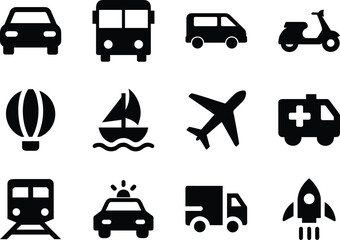 Bold transportation set icon silhouette vector. Simple travel and vehicle design collection.