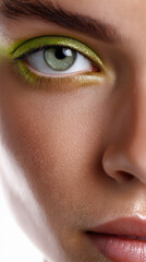 Obraz premium Nahaufnahme Auge mit goldenem Lidschatten und grüner Iris vor neutralem Hintergrund