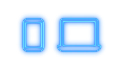 Colorful glowing neon mobile phone and laptop devices icons isolated on transparent background. Digital communication. Portable tech. Computer. User interface. Screen.