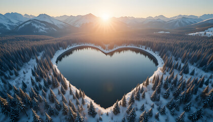 Heart-shaped lake surrounded by snow-covered forest aerial view at sunrise a romantic winter landscape